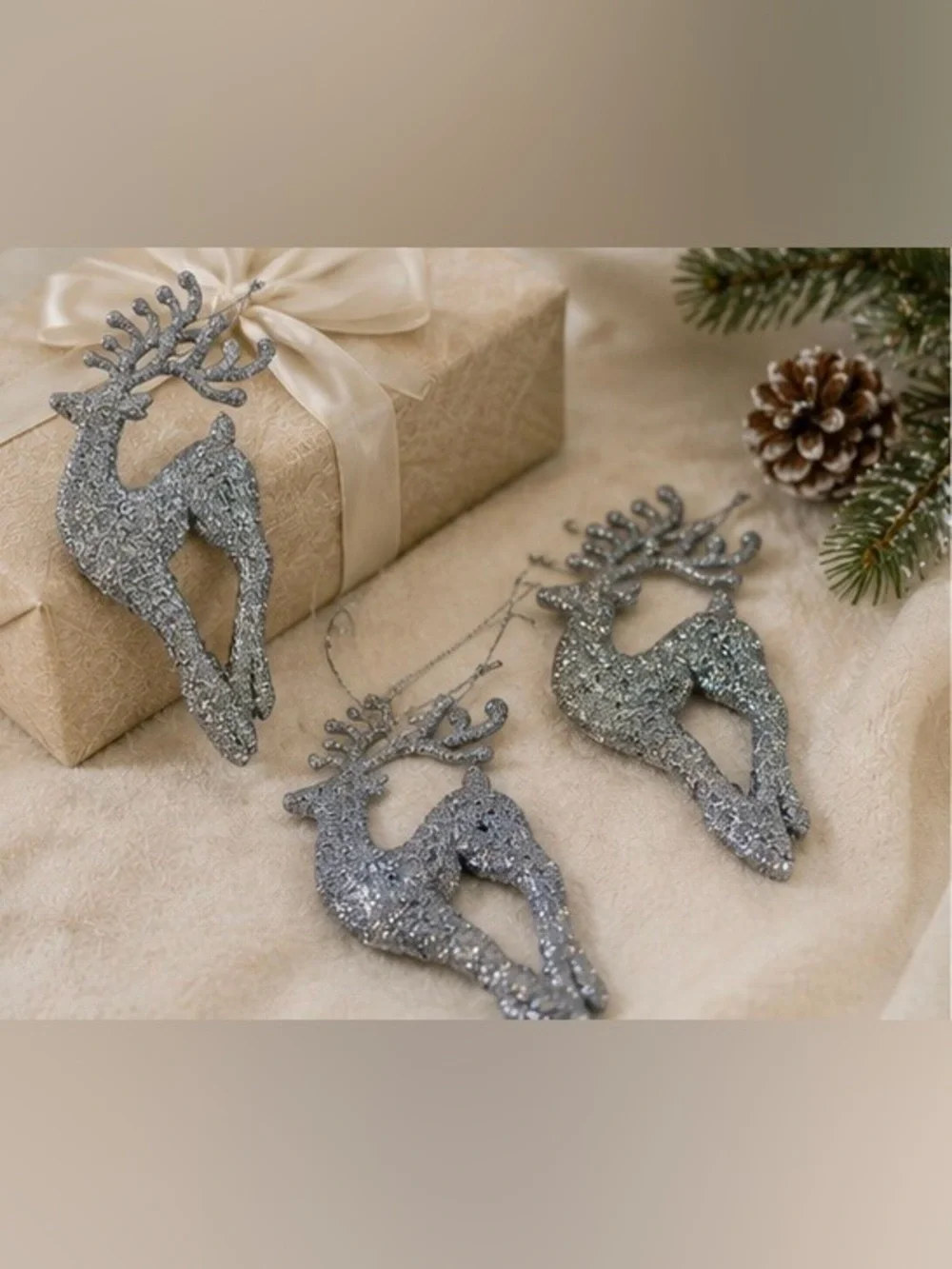 Set of 10 Silver Glitter Reindeer Christmas Ornaments Holiday Tree Decor Winter